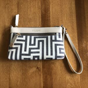 Spartina 449 De Renne Gray Tan Wristlet Clutch Purse Linen Leather